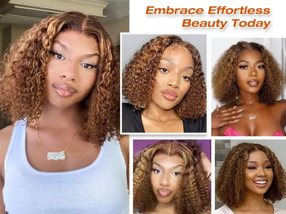10 Inch 427 Bob Curly Wigs Human Hair with Draw String Glueless Wear And Go Pre Plucked Pre Cut Deep Wave Lace Front 220 Density