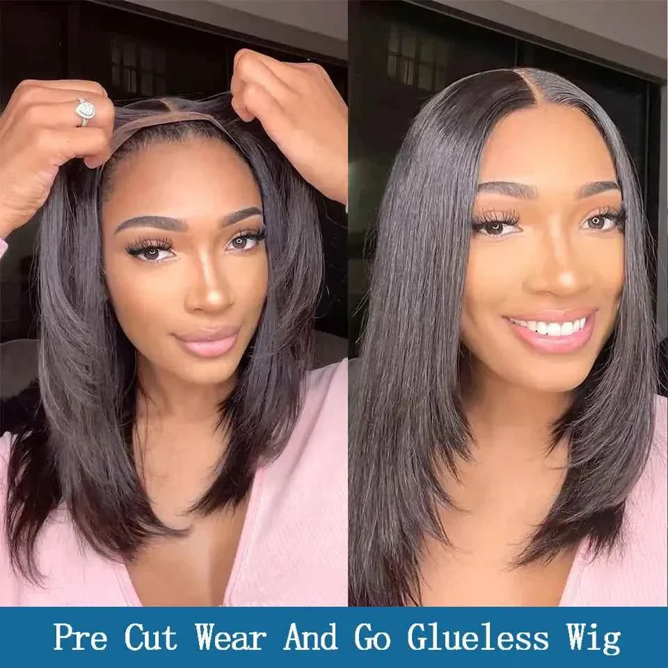 Glueless short bob wig with 4x4 HD lace, pre-cut lace, straight closure, 100% human hair.