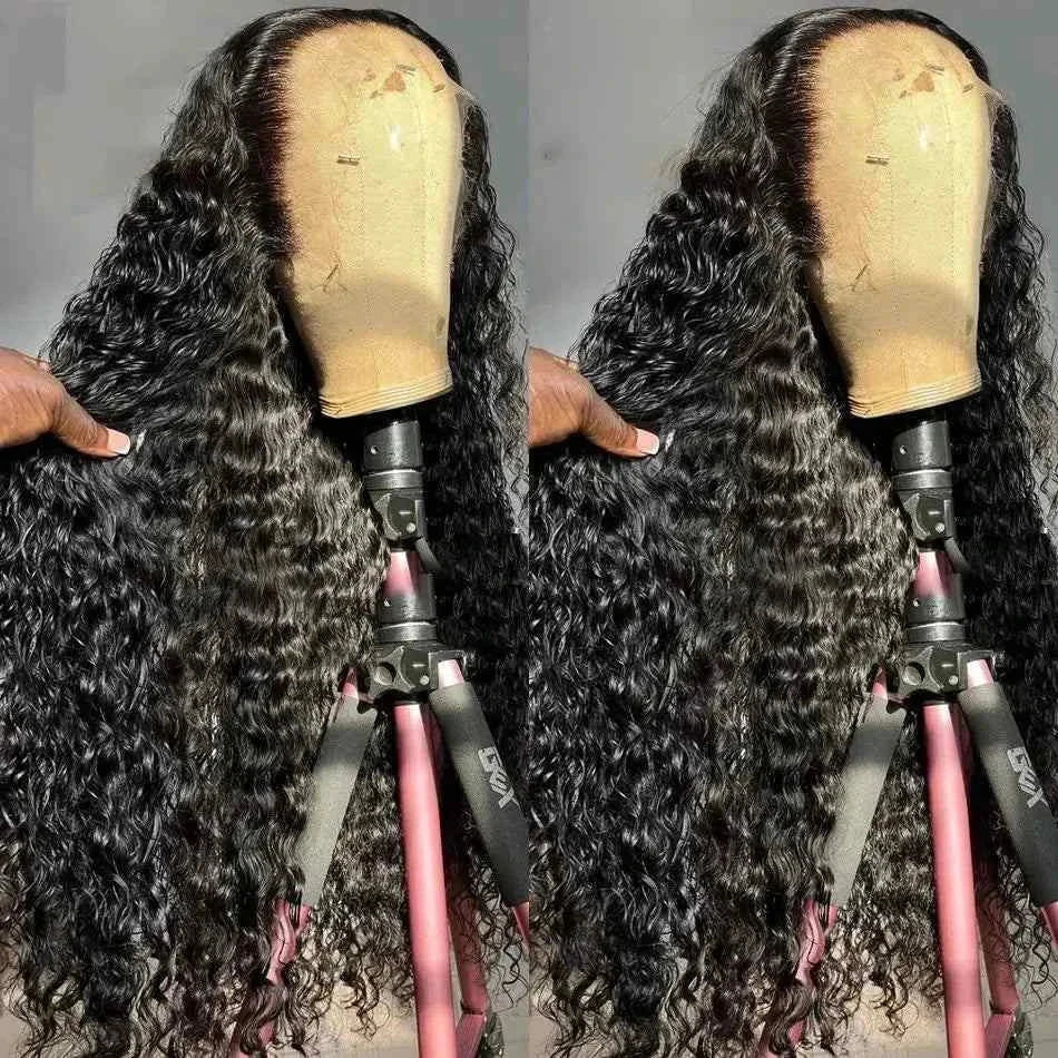 HD lace front human hair jerry curly deep wave wig on mannequin, transparent lace frontal, pre-plucked, 220 density.