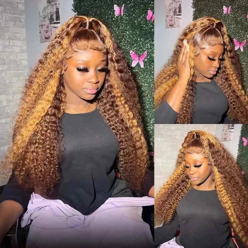 Highlight ombre curly lace frontal wig with HD lace, glueless and ready to wear.