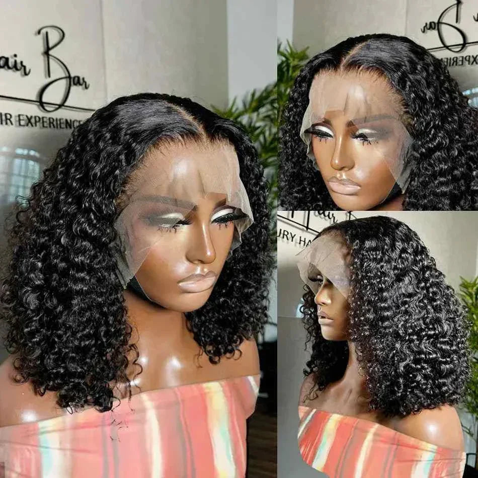Short bob deep wave human hair lace front wig with transparent lace and closure.