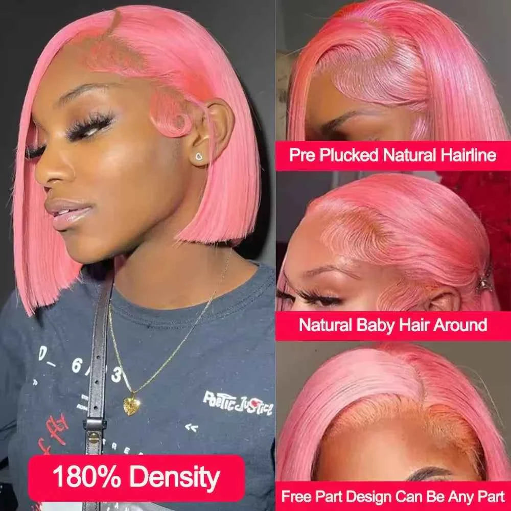Brazilian pink bob wig with HD lace frontal and 180% density.