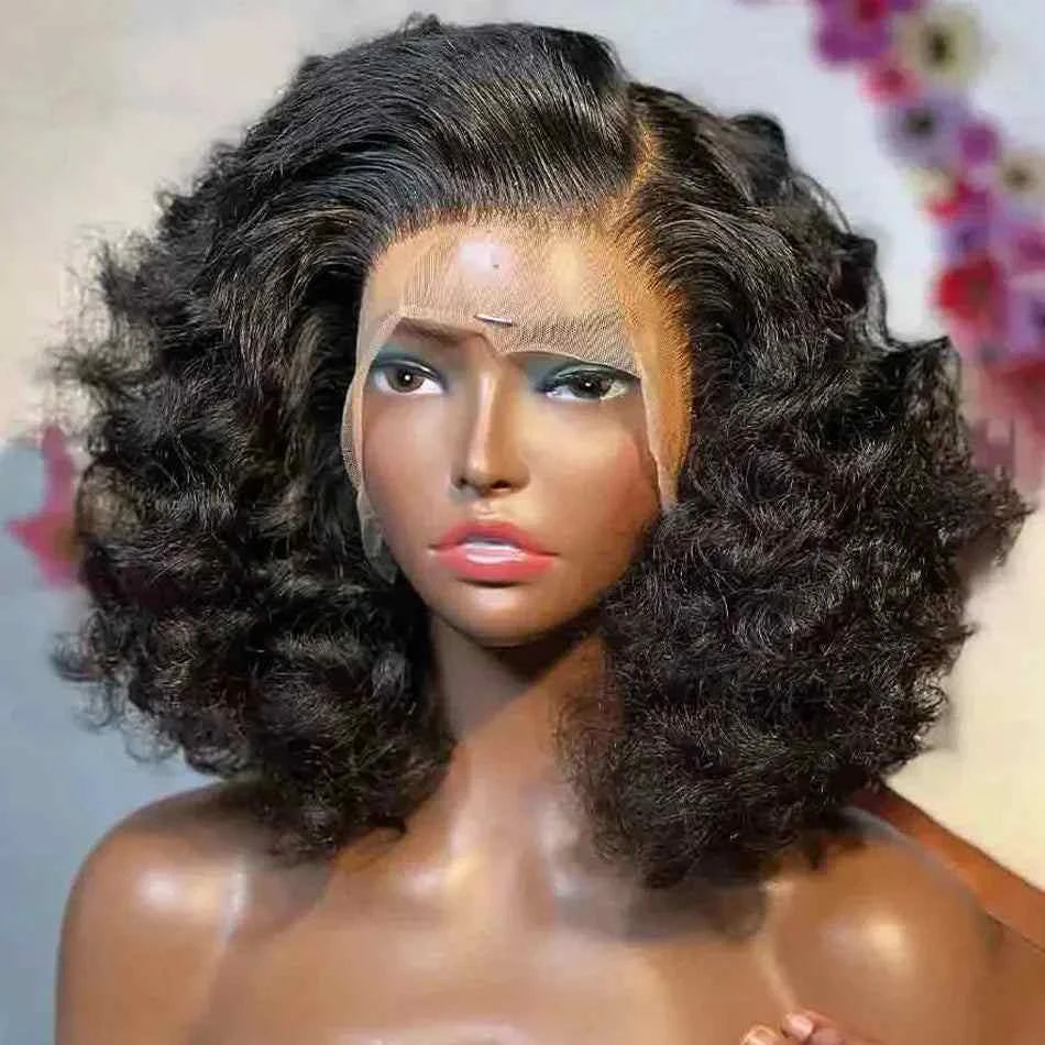Short curly bob Brazilian hair wig, deep wave, natural black, lace front.
