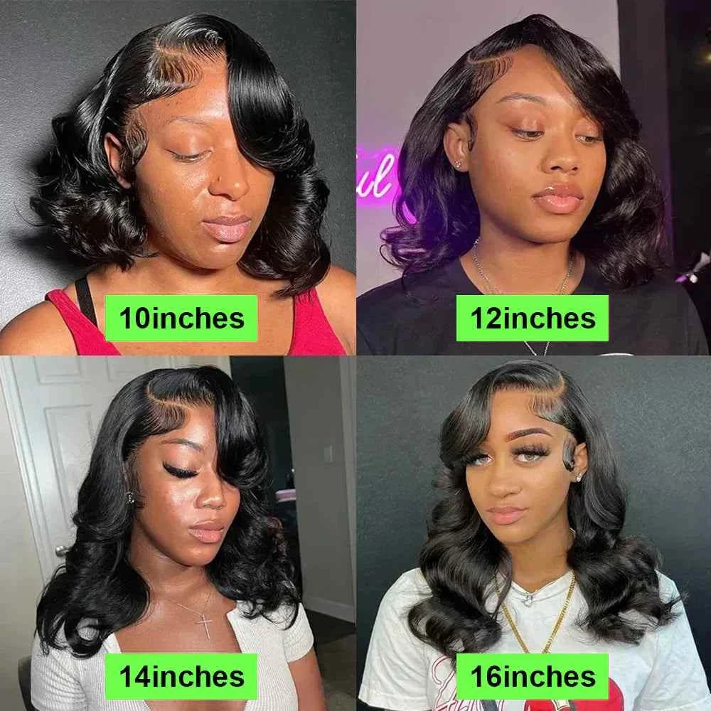 Short bob wig in various lengths, featuring transparent lace and Brazilian human hair for a natural look.