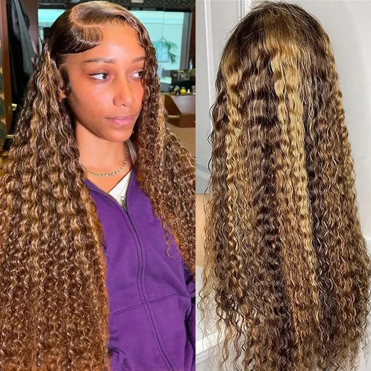 Curly 360 Lace Front Wigs Human Hair Pre Plucked Highlight Ombre Deep Wave HD Lace