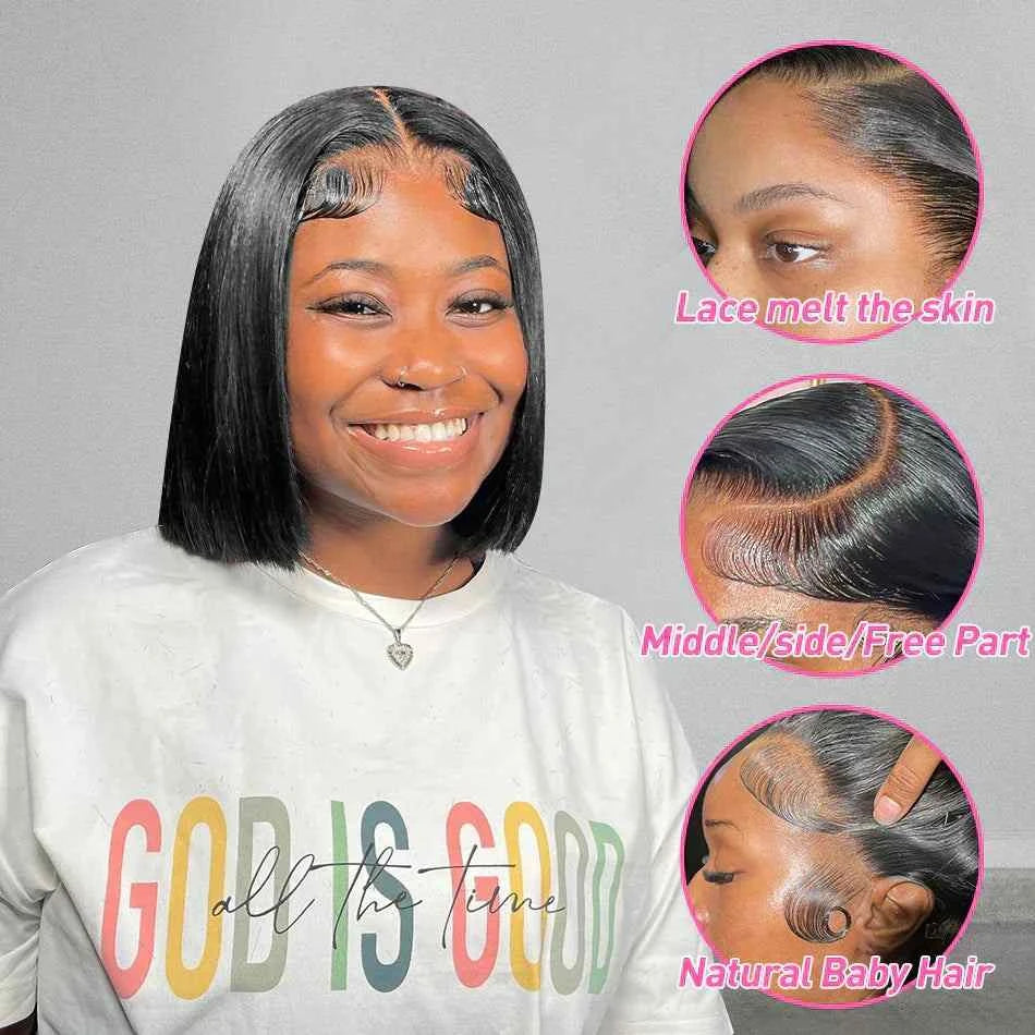 Bone Short Bob Wig Human Hair Lace Frontal HD, Glueless Straight Bob Wig with Natural Baby Hair.