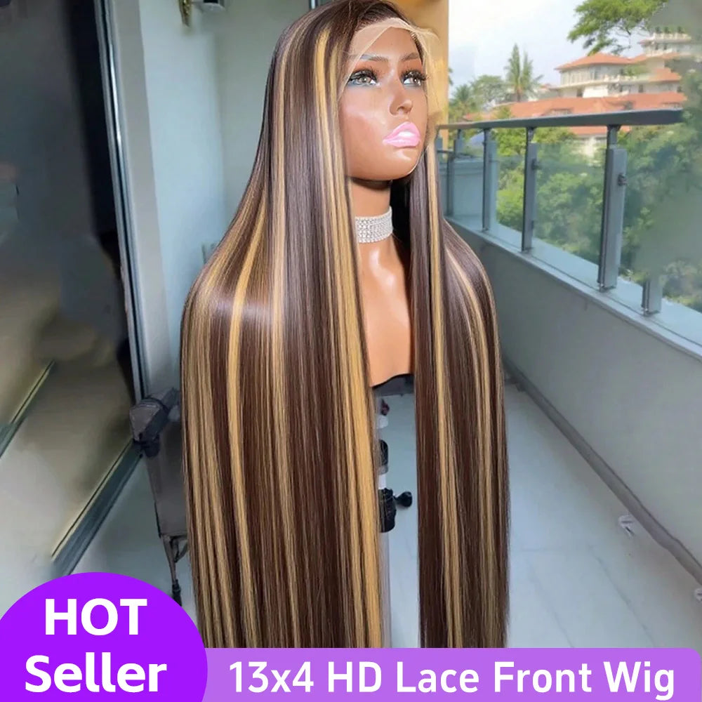 30 Inch 13x6 13x4 Highlight Lace Frontal Wig 220 Density Pre Plucked 4/27 Straight Ombre HD Lace Front Wigs Human Hair