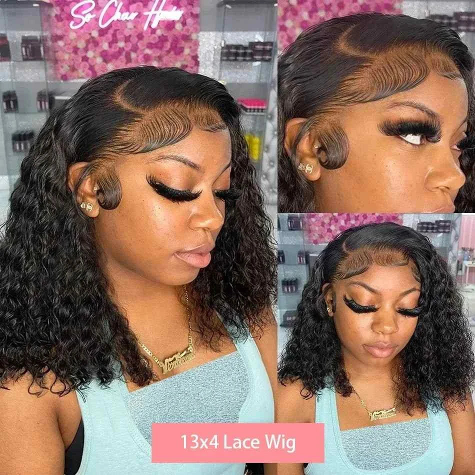 HD transparent curly deep wave bob lace frontal wig, 200 density, pre-plucked for Black women.
