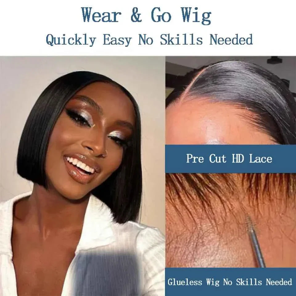 Glueless 4x4 HD lace short bob wig, pre-cut lace, straight closure, 100% human hair.