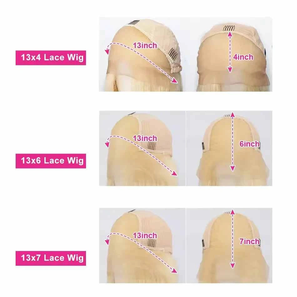 Pink 13x4, 13x6, and 13x7 HD lace front wigs showcasing lace measurements.