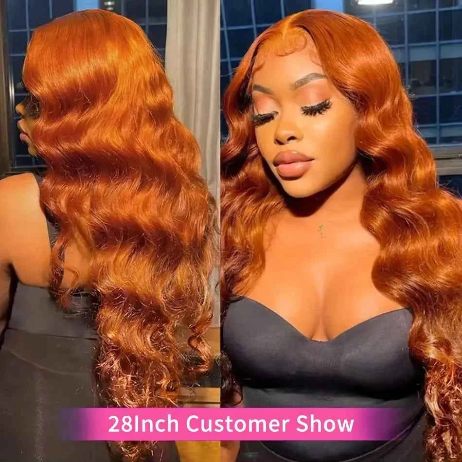220% body wave ginger orange transparent lace front human hair wig with 13x6 lace frontal Remy hair, 28-inch length.
