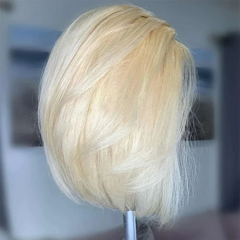 13x4 platinum ash blonde lace front wig, short bob style, HD transparent lace, Brazilian virgin human hair.