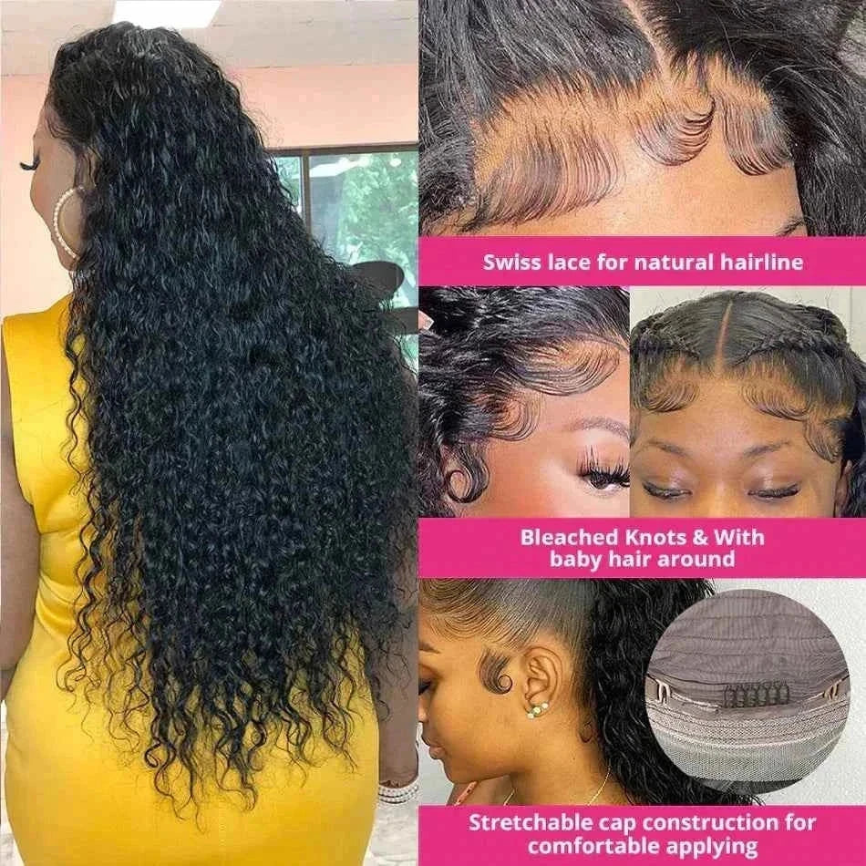 Deep wave human hair wig with 220 density, deep curly lace front, HD lace frontal, pre-plucked with baby hair, transparent Swiss lace.