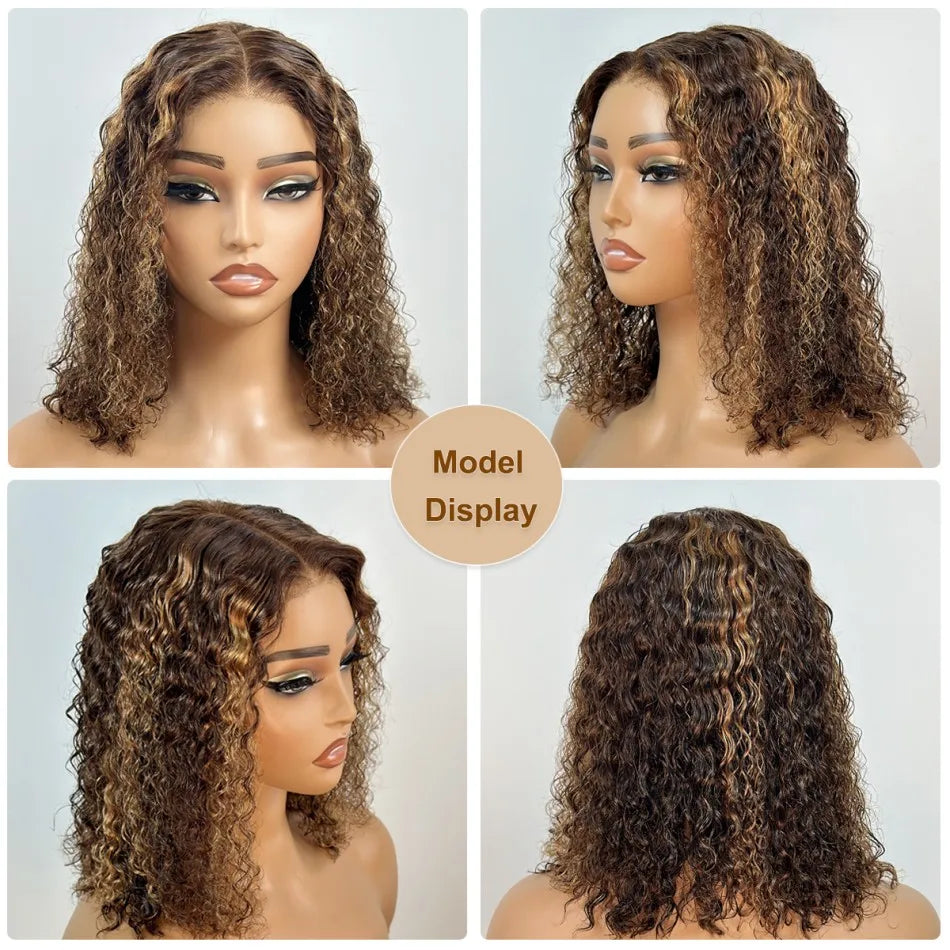 10 Inch 427 Bob Curly Wigs Human Hair with Draw String Glueless Wear And Go Pre Plucked Pre Cut Deep Wave Lace Front 220 Density
