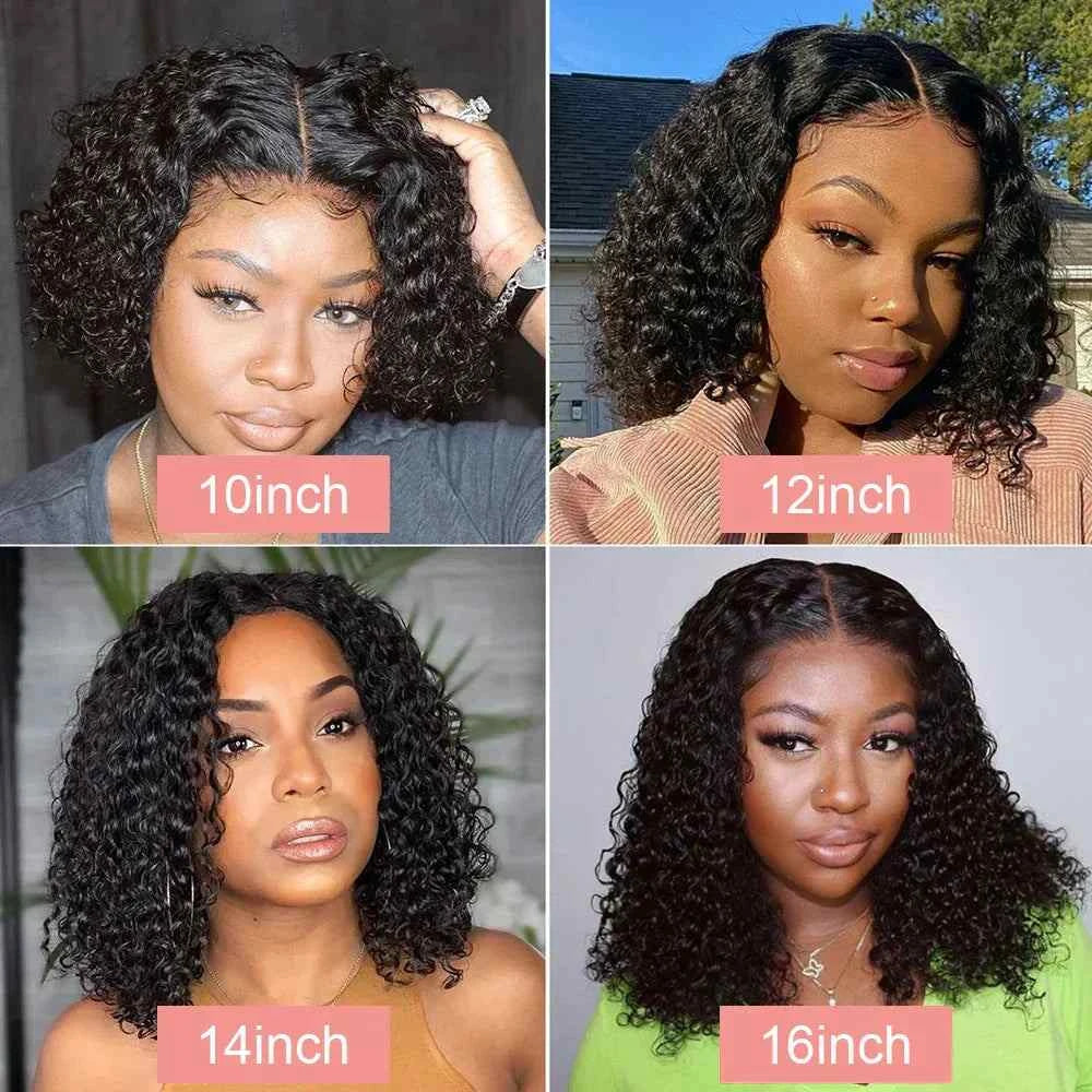 Short curly bob human hair wigs in natural black, loose deep wave Brazilian style, pixie cut lace front, available in 10, 12, 14, and 16 inches.