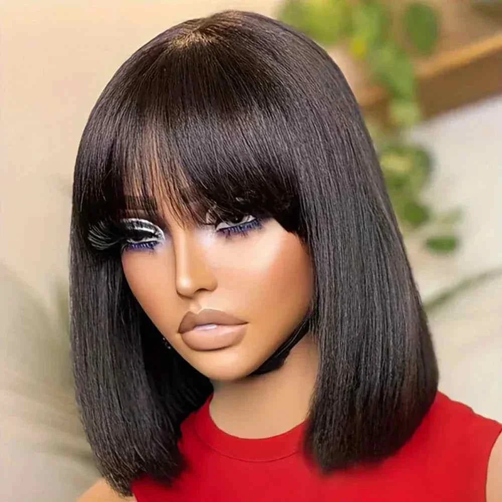 Human hair wig with bangs, straight bob style, Brazilian Remy hair.