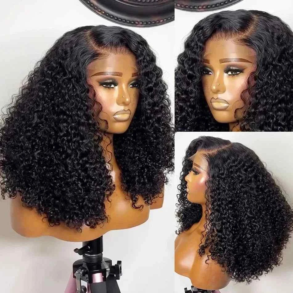 HD transparent curly deep wave lace frontal bob wig with 200 density for black women.