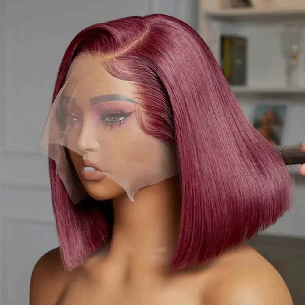 Stylish Burgundy Short Lace Front Wig made of authentic human hair, straight texture, Swiss lace base, glueless design.