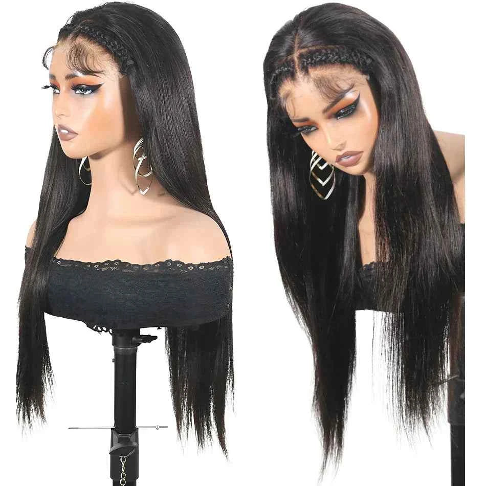 Indian human hair straight lace front wig, 180 density, pre-plucked, natural color, 13x6 frontal, and 13x4 closure.