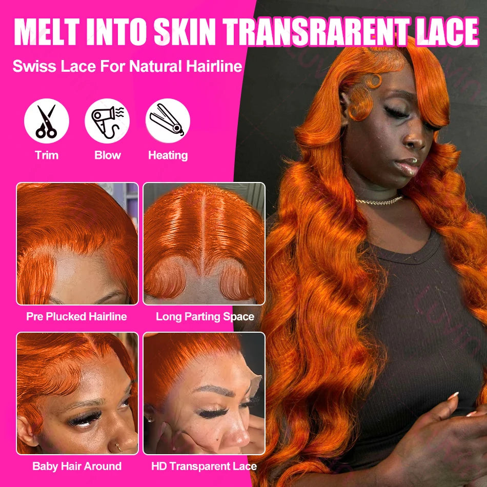 220% Body Wave Ginger Orange 13x6 Transparent Lace Front Human Hair Wigs 13x4 Lace Frontal Remy Hair Wig