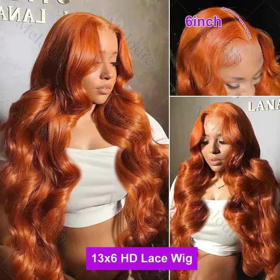 Body Wave Ginger Orange Human Hair Wig with HD Lace Front, 250 Density, 13x6 inches, 350 Colored.