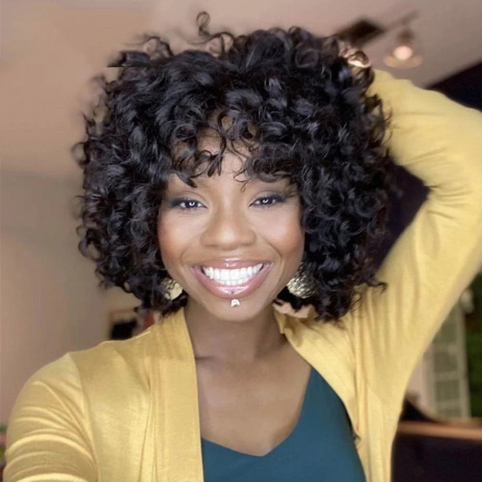 Remy Deep Curly Bob Human Hair Wigs With Bangs Scalp Top Full Machine Wig Deep Wave Short Hair Wet Wavy