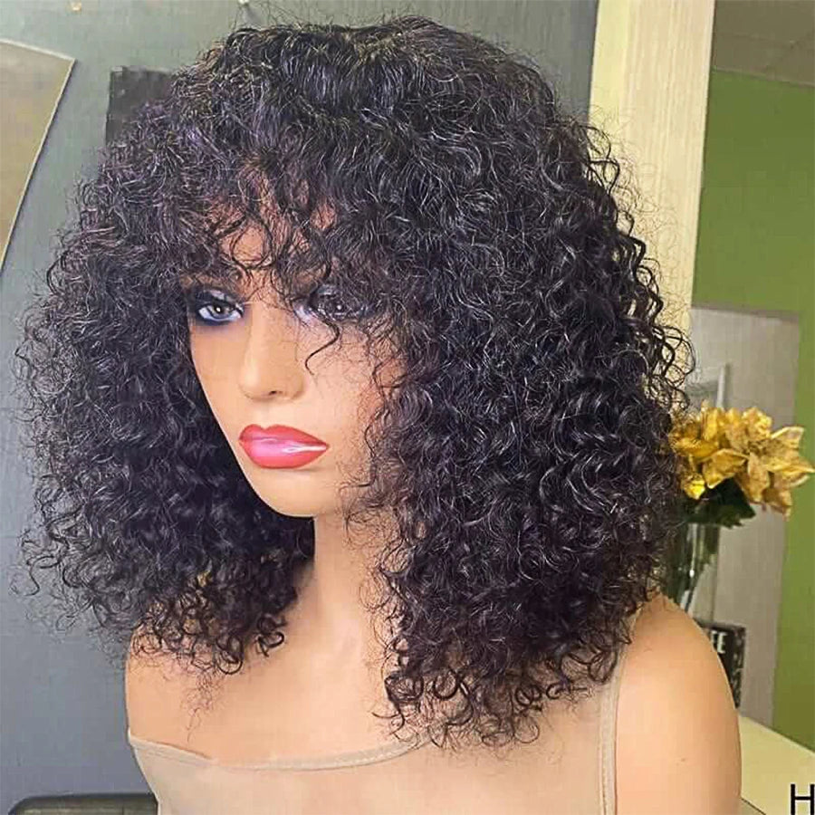 Remy Deep Curly Bob Human Hair Wigs With Bangs Scalp Top Full Machine Wig Deep Wave Short Hair Wet Wavy