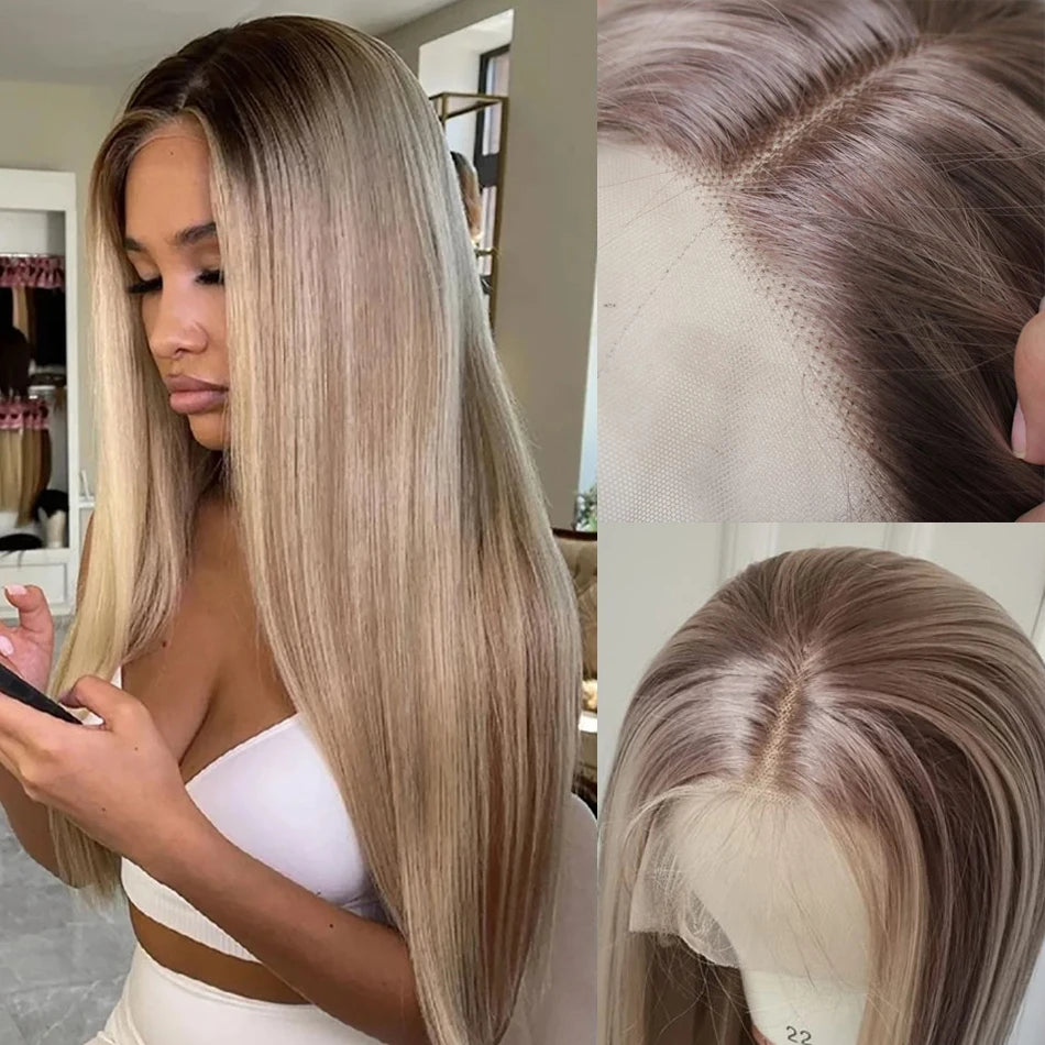 Blonde Highlight Straight Glueless Bone Straight 13x4 Lace Front Human Hair Wigs 13x6 Lace Frontal Wig