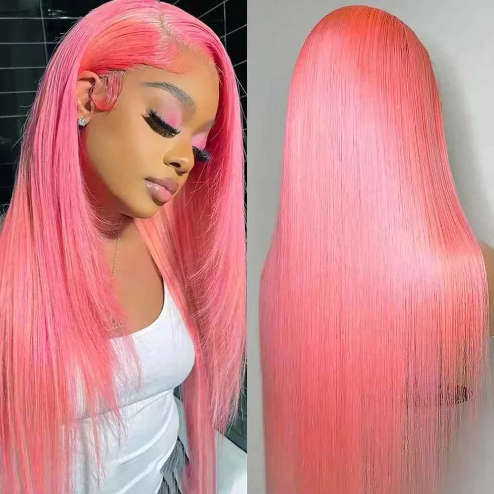 Pink 13x4 HD lace front wig, bone straight Brazilian human hair, light pink transparent lace frontal.