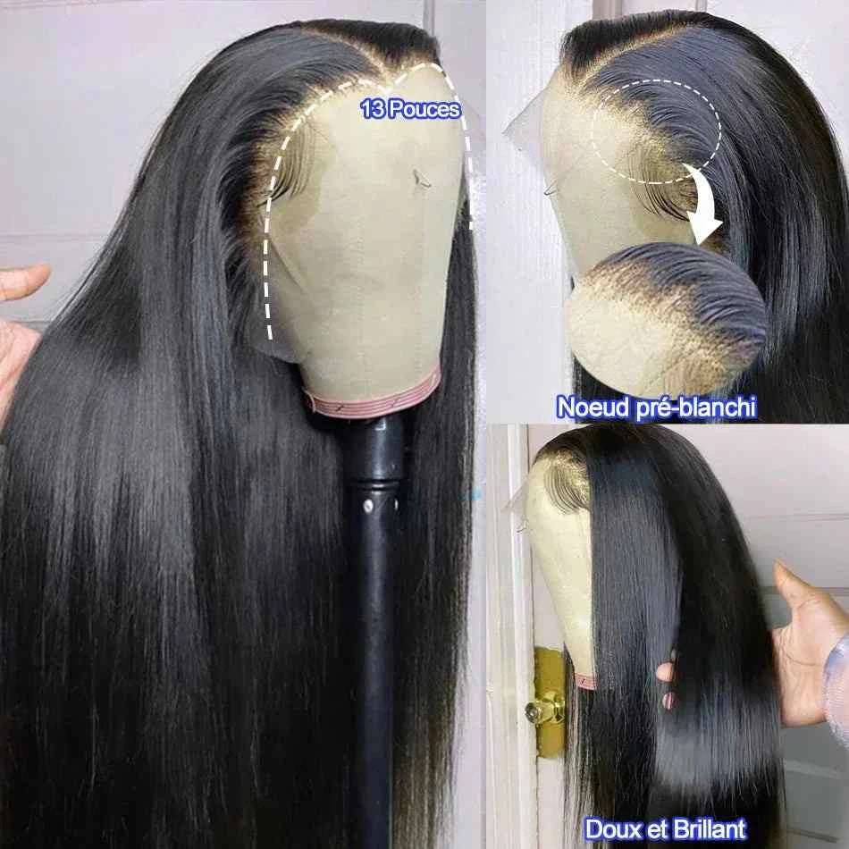 Indian wig human hair, bone straight, lace front, pre-plucked, 180 density, natural color.