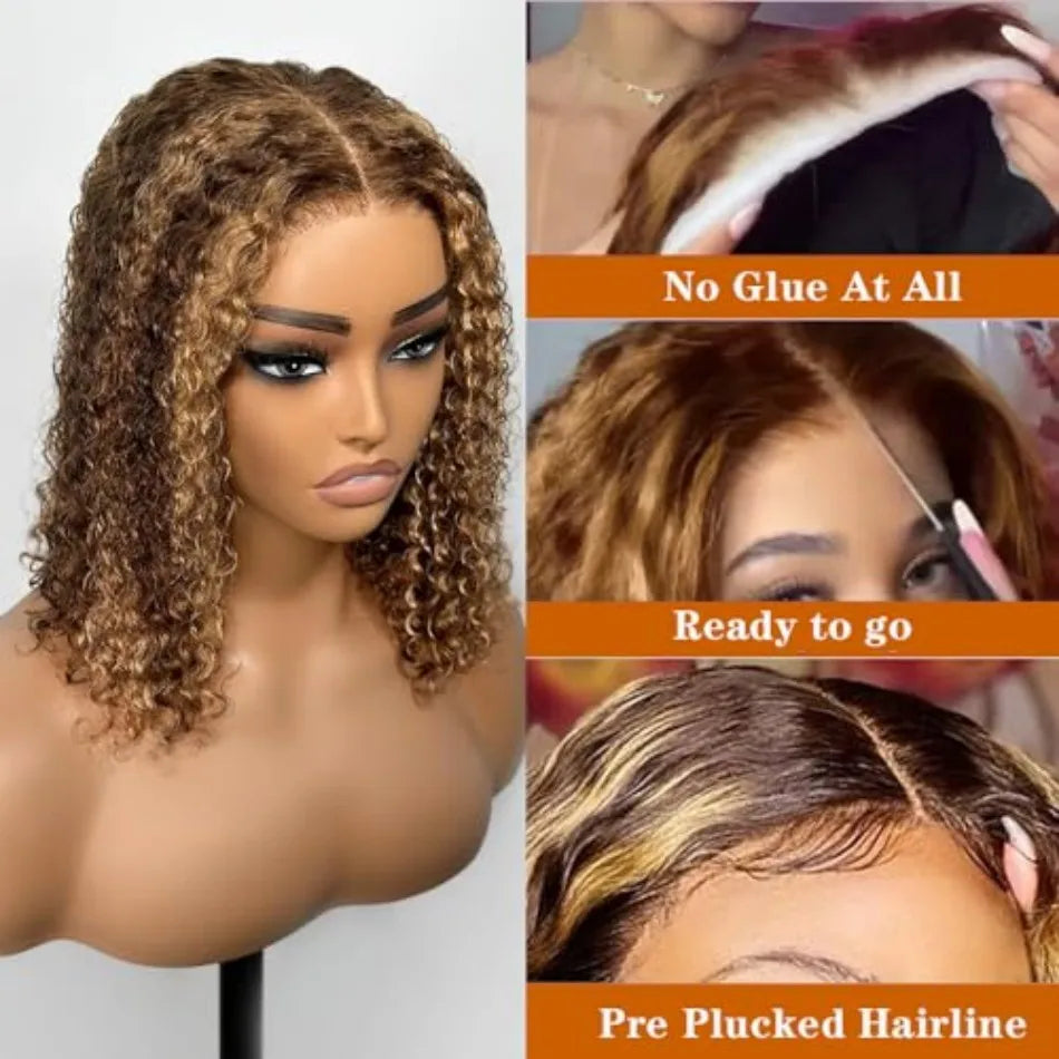 10 Inch 427 Bob Curly Wigs Human Hair with Draw String Glueless Wear And Go Pre Plucked Pre Cut Deep Wave Lace Front 220 Density