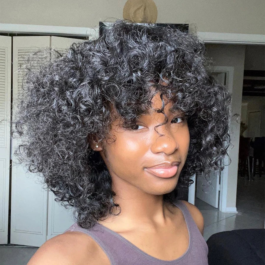 Remy Deep Curly Bob Human Hair Wigs With Bangs Scalp Top Full Machine Wig Deep Wave Short Hair Wet Wavy