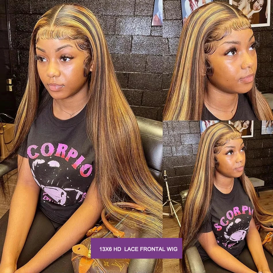 30 Inch 13x6 13x4 Highlight Lace Frontal Wig 220 Density Pre Plucked 4/27 Straight Ombre HD Lace Front Wigs Human Hair
