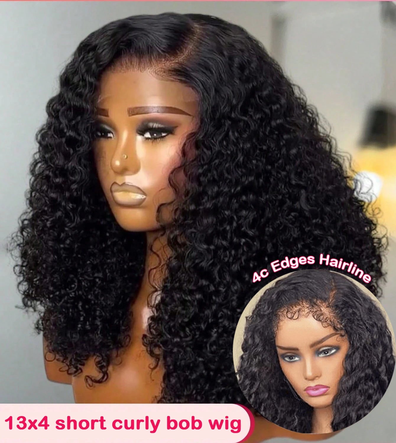 4c Kinky Curly Lace Front Bob Wigs With Kinky Edges Hairline Transparent Lace Frontal Wig Pre-bleached Knot Deep Wave Human Hair Wig 220% Wig