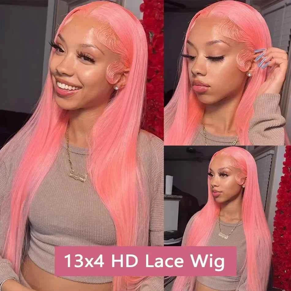 Pink 13x4 lace front wig, bone straight Brazilian human hair, HD transparent lace.