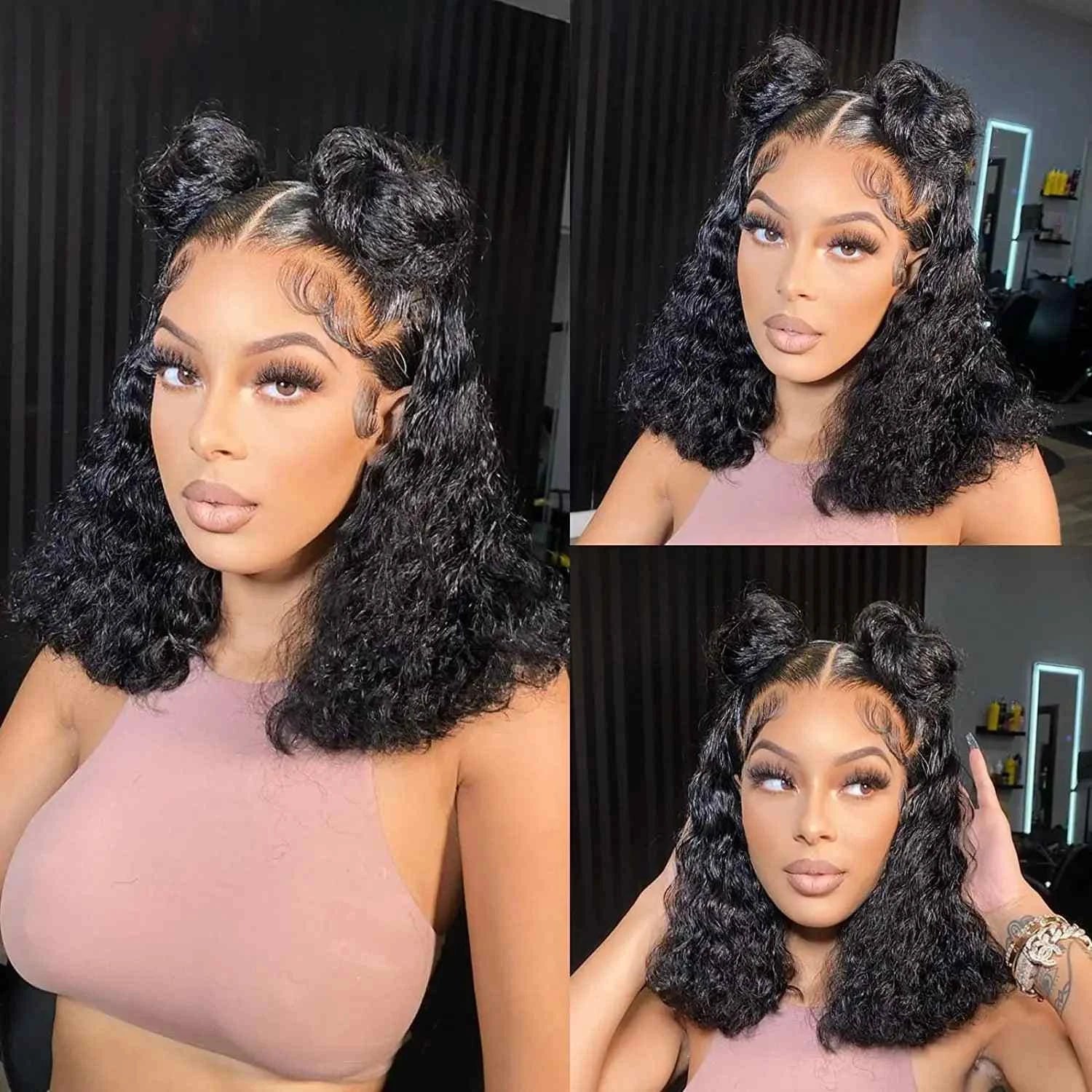 200 Density HD Transparent Curly Deep Wave Lace Frontal Bob Wig for Black Women.