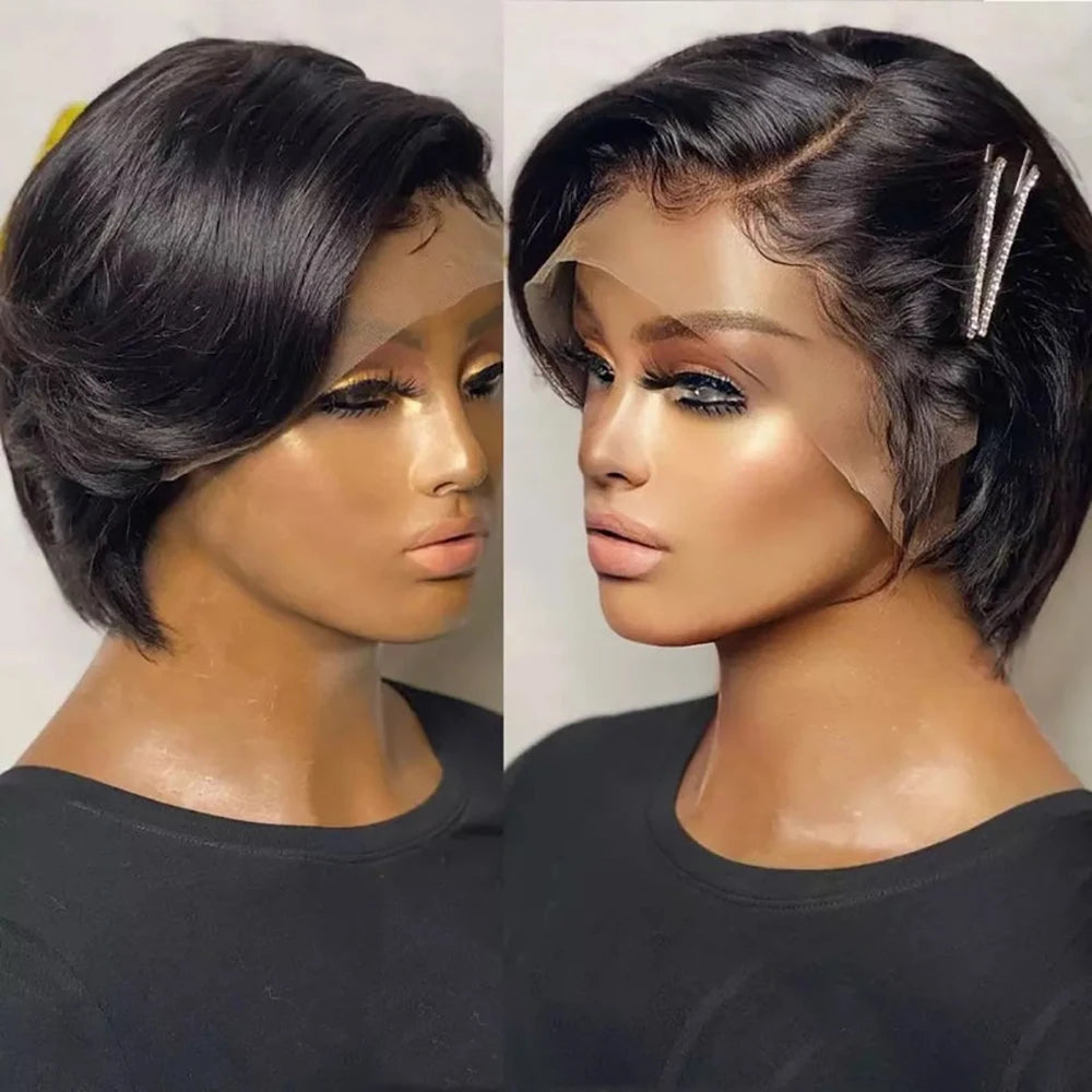 Short Bob Human Hair Wig Brazilian Bone Straight Pixie Cut Wig T Part Transparent Lace Wigs Pre Plucked