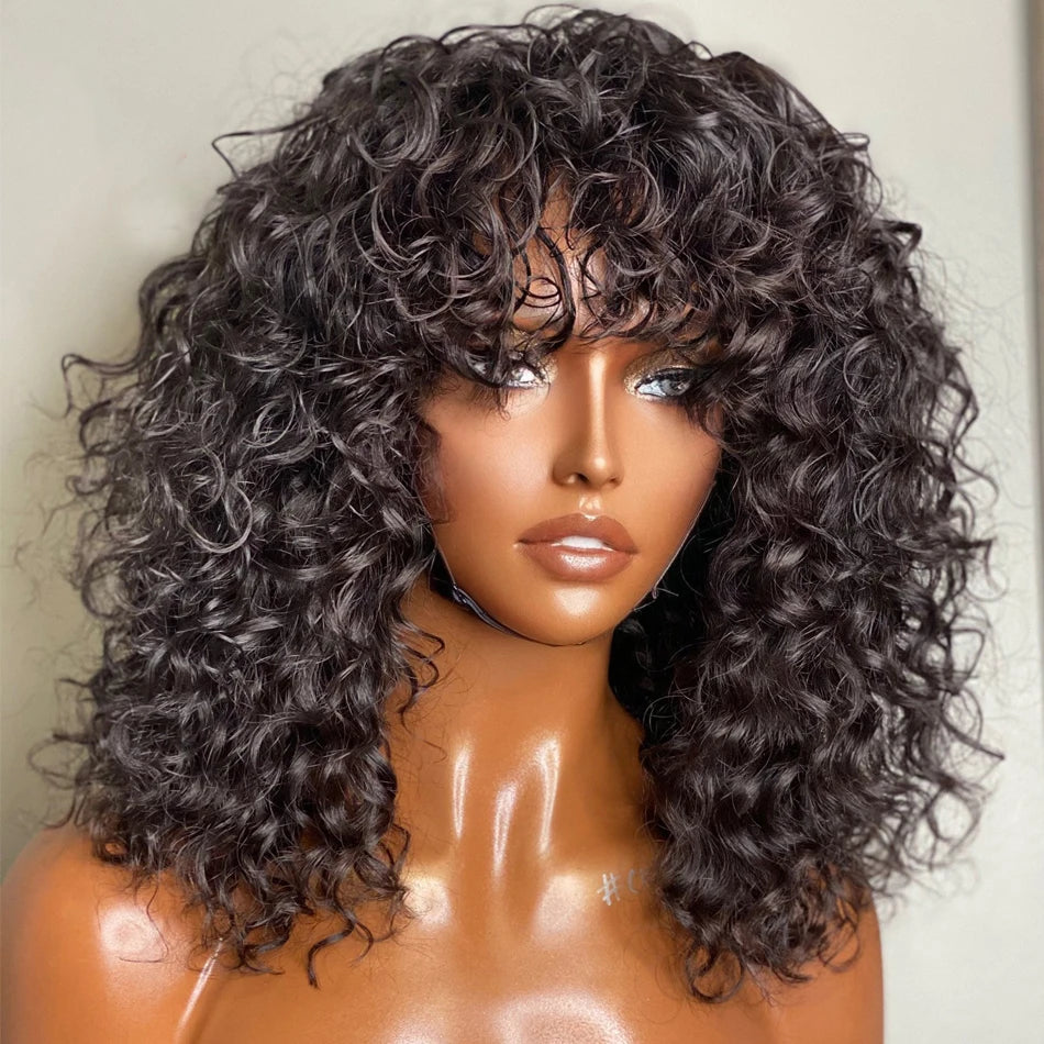 Remy Deep Curly Bob Human Hair Wigs With Bangs Scalp Top Full Machine Wig Deep Wave Short Hair Wet Wavy