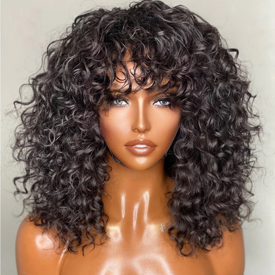 Remy Deep Curly Bob Human Hair Wigs With Bangs Scalp Top Full Machine Wig Deep Wave Short Hair Wet Wavy