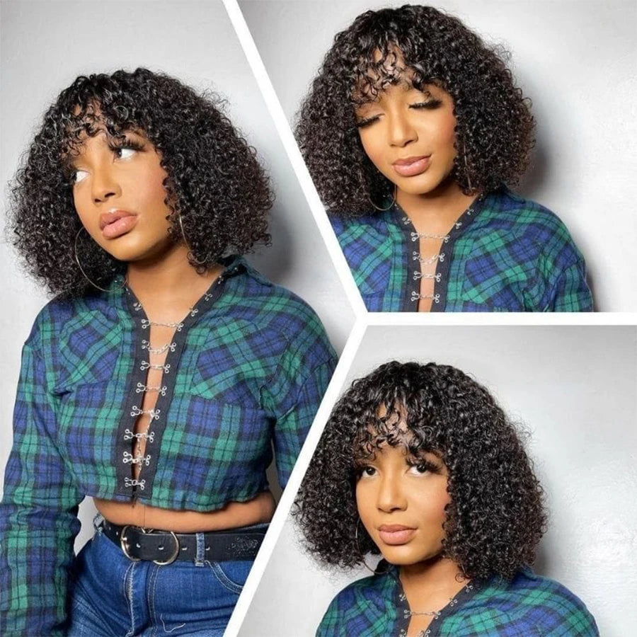 Remy Deep Curly Bob Human Hair Wigs With Bangs Scalp Top Full Machine Wig Deep Wave Short Hair Wet Wavy