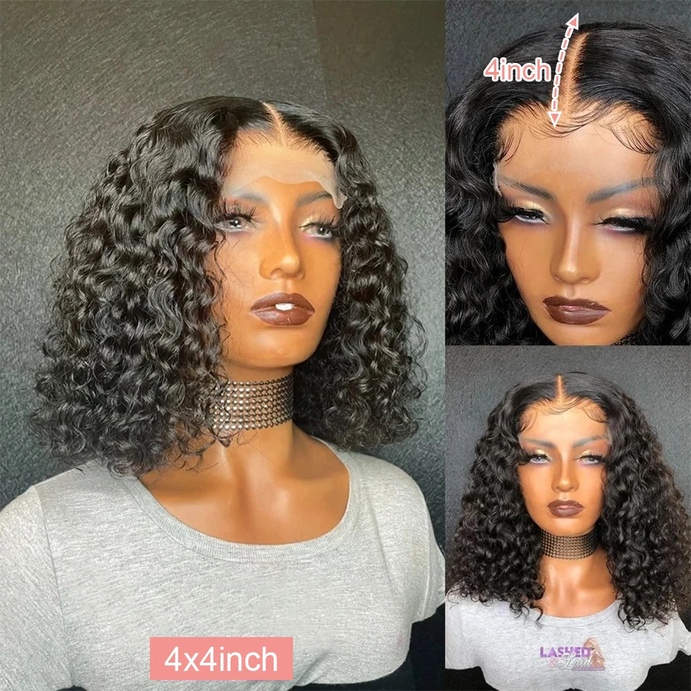 Short Curly Bob Human Hair Loose Deep Wave Brazilian Hair Wigs Natural Black Pixie Cut Lace Front Wigs ﻿