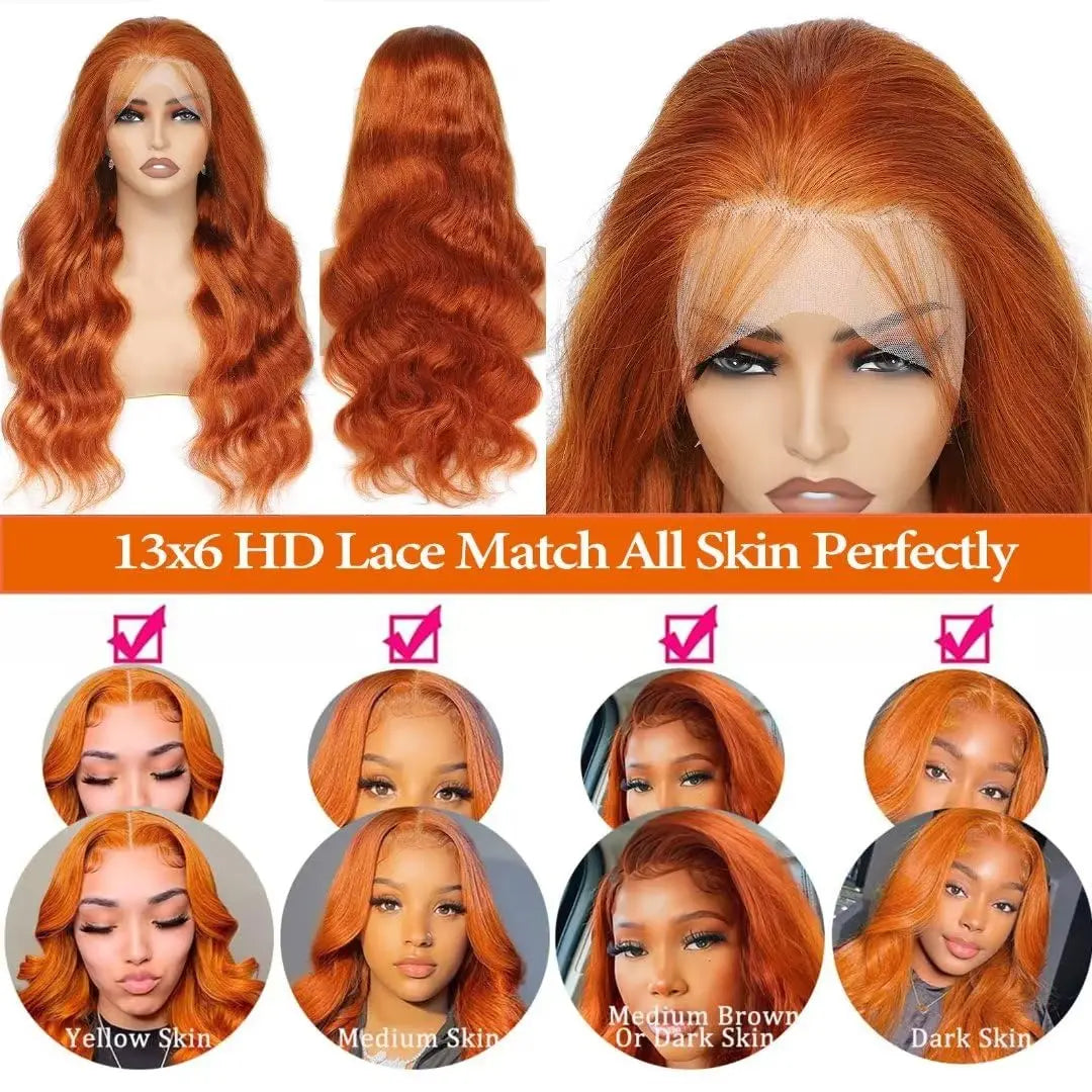 350 Ginger 13x6 HD Transparent Lace Front Wigs Human Hair Body Wave Lace Front Wig For Women 200% Density Brazilian Hair 36 Inch