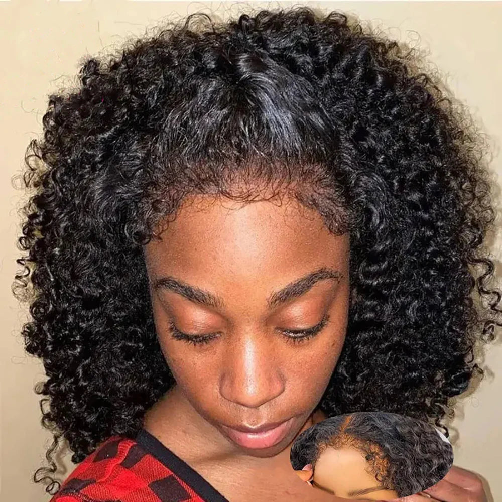 4c Kinky Curly Lace Front Bob Wigs With Kinky Edges Hairline Transparent Lace Frontal Wig Pre-bleached Knot Deep Wave Human Hair Wig 220% Wig