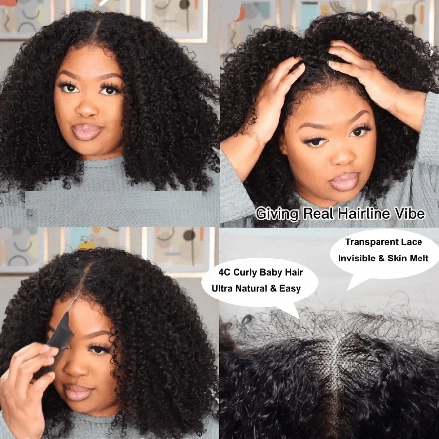 4c Kinky Curly Lace Front Bob Wigs With Kinky Edges Hairline Transparent Lace Frontal Wig Pre-bleached Knot Deep Wave Human Hair Wig 220% Wig