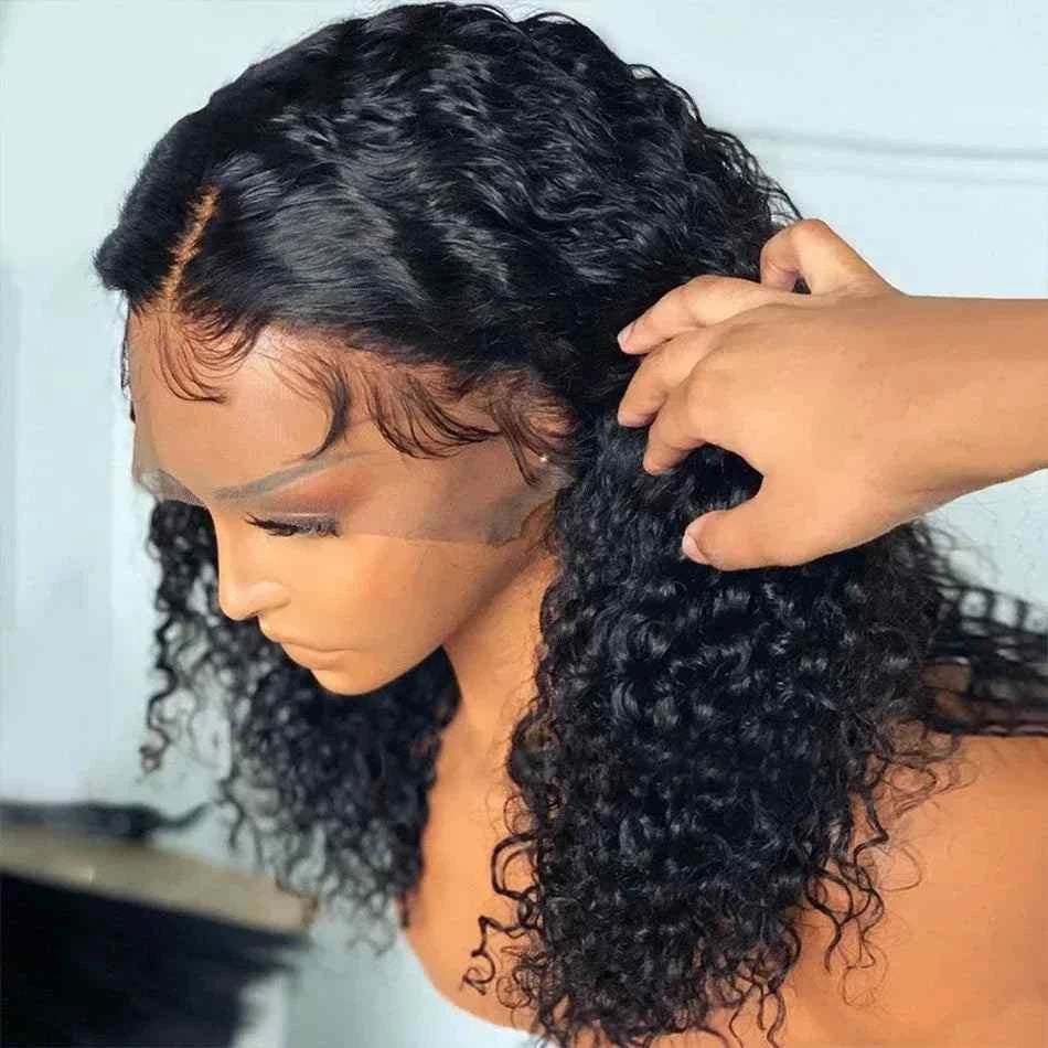 HD transparent curly deep wave lace frontal bob wig, 200 density, pre-plucked for Black women.