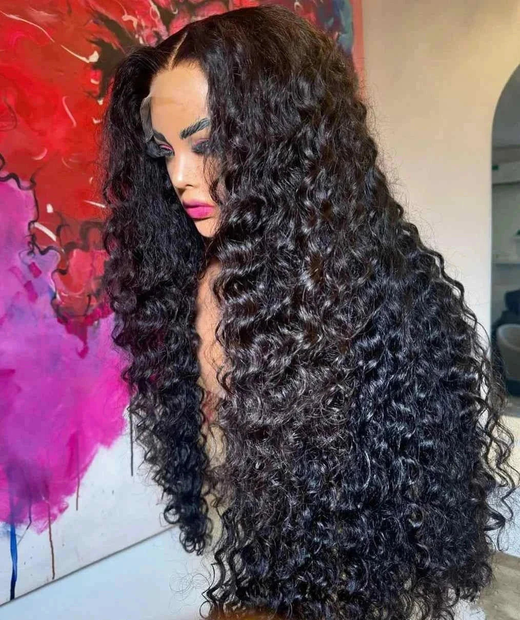 Curly wave frontal wig with 210 density HD lace and deep curly texture.