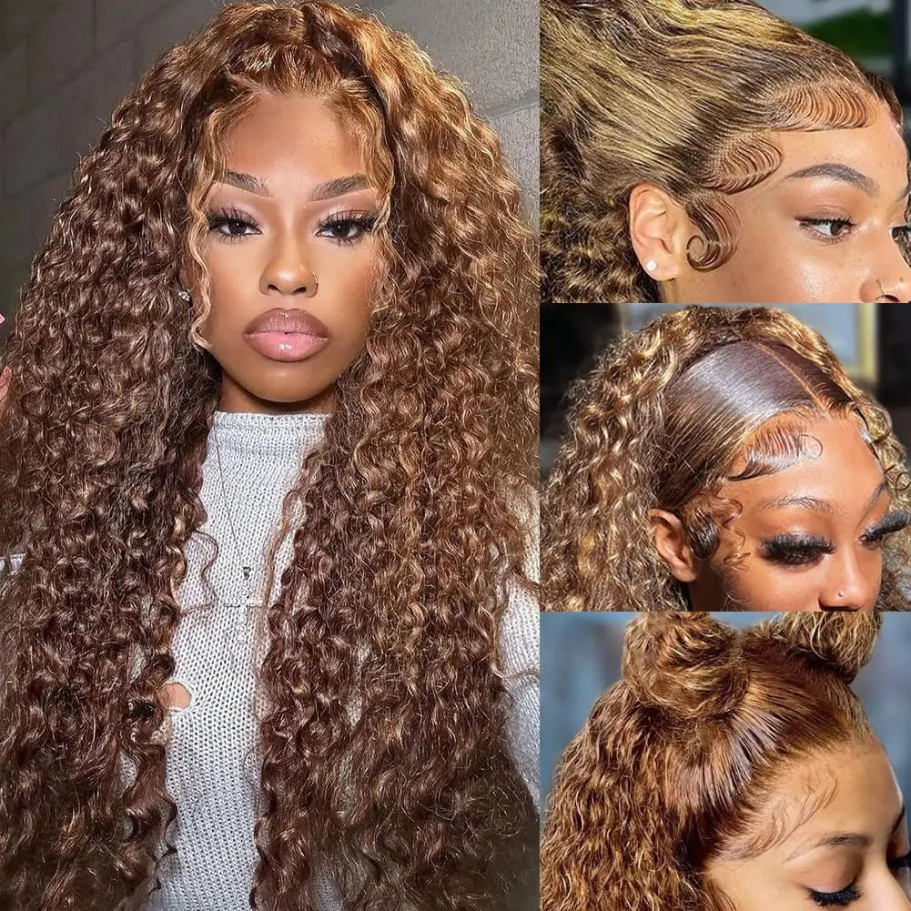 Curly 360 Lace Front Wigs Human Hair Pre Plucked Highlight Ombre Deep Wave HD Lace