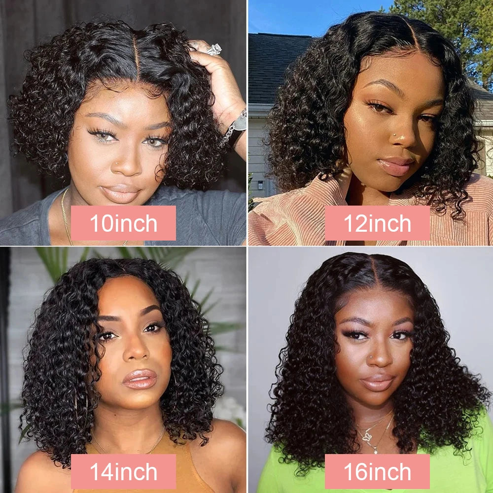 Short Curly Bob Human Hair Loose Deep Wave Brazilian Hair Wigs Natural Black Pixie Cut Lace Front Wigs ﻿