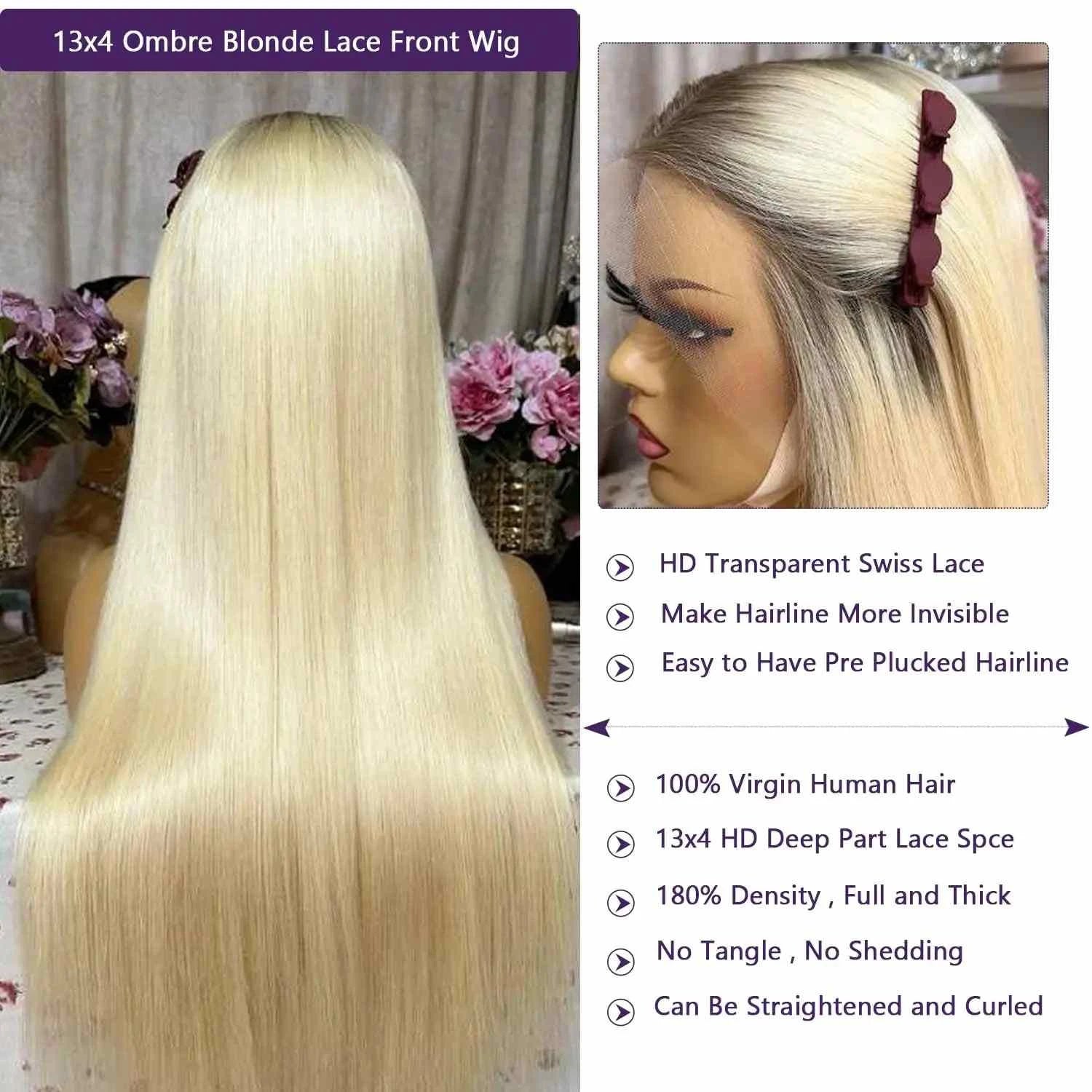 1B/613 Blonde lace front wig, ombre HD lace, 200% density.
