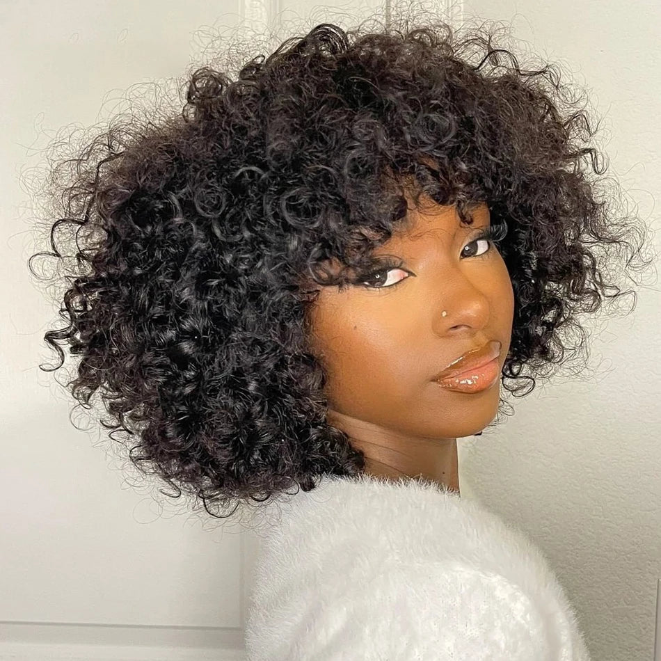 Remy Deep Curly Bob Human Hair Wigs With Bangs Scalp Top Full Machine Wig Deep Wave Short Hair Wet Wavy